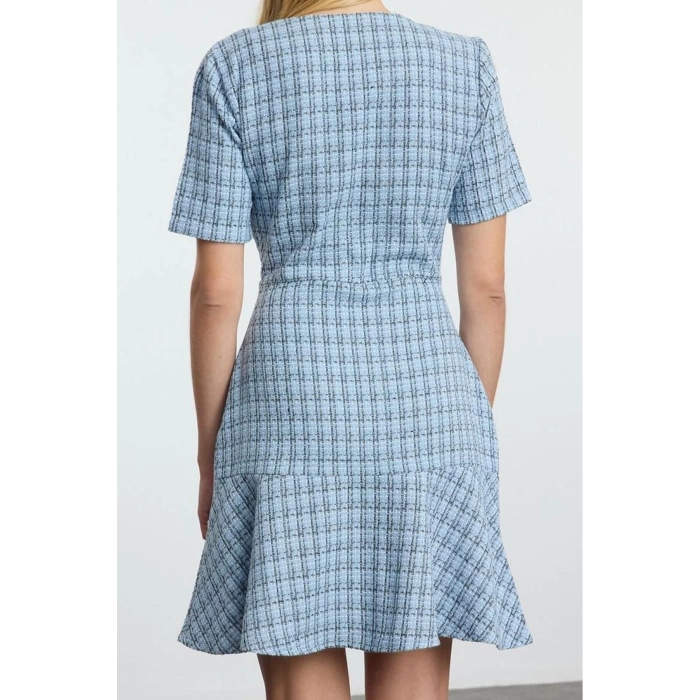 Womens Fashion Stylish Mini Length Crew Neck Regular Skirt Waist Opening Tweed Woven Dress