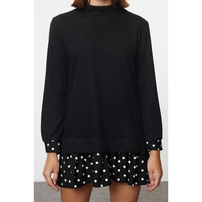Women Fashion Stylish Mini Length Crew Neck Regular Selanik Polka Dot Knitted Dress