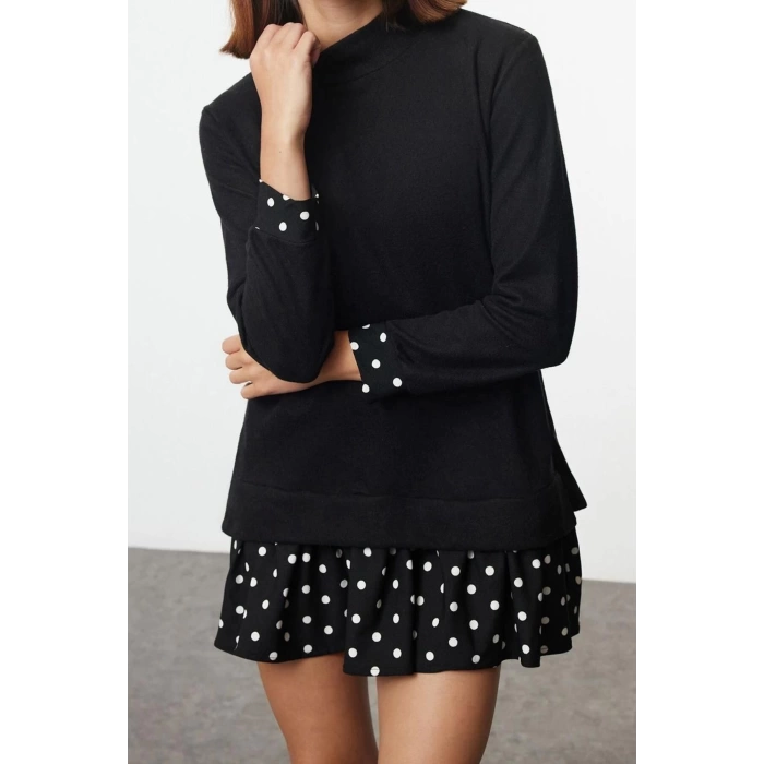 Women Fashion Stylish Mini Length Crew Neck Regular Selanik Polka Dot Knitted Dress