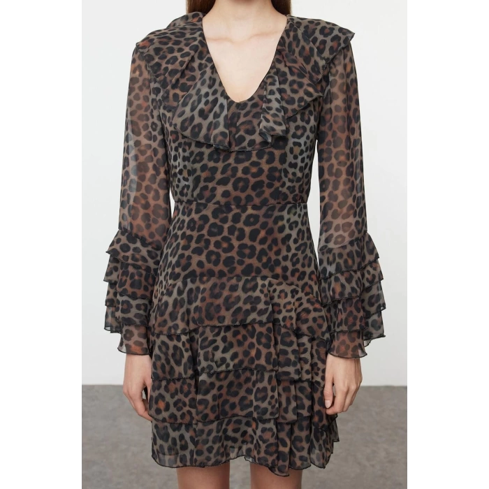 Women Fashion Stylish Mini Length V Neck Regular Limited Edition Flounce Skirt Leopard Chiffon Woven Dress