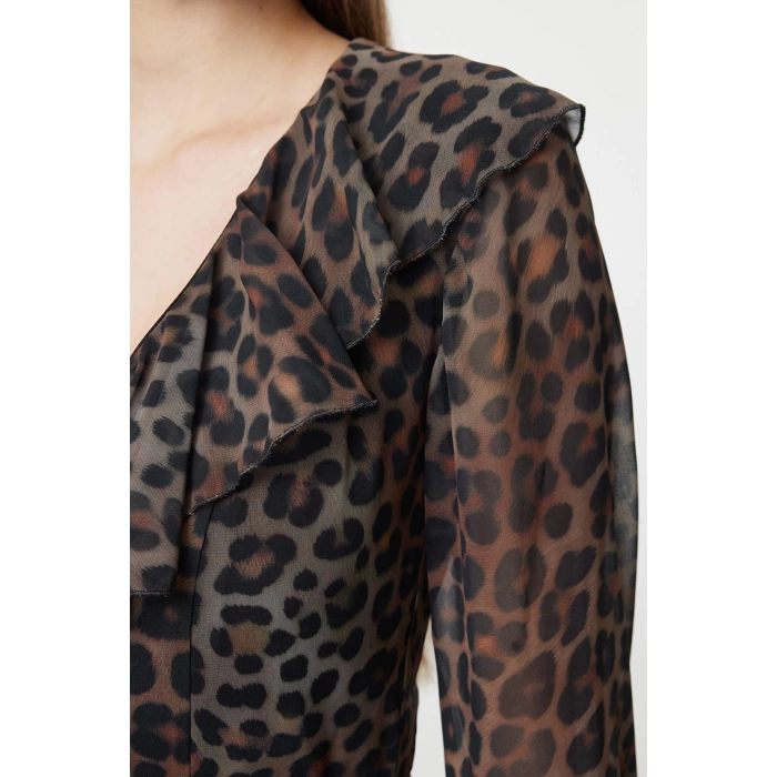 Women Fashion Stylish Mini Length V Neck Regular Limited Edition Flounce Skirt Leopard Chiffon Woven Dress