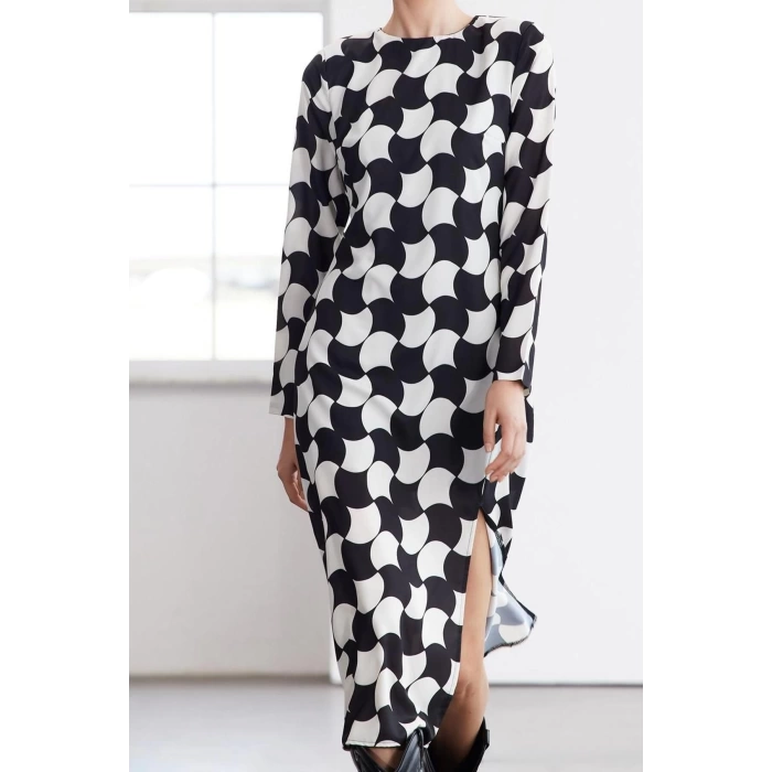 Womens Fashion Maxi Length Crew Neck Regular Limited Edition Geometric Patterned Straight Cut Woven Dress