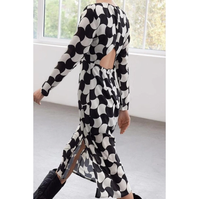 Womens Fashion Maxi Length Crew Neck Regular Limited Edition Geometric Patterned Straight Cut Woven Dress