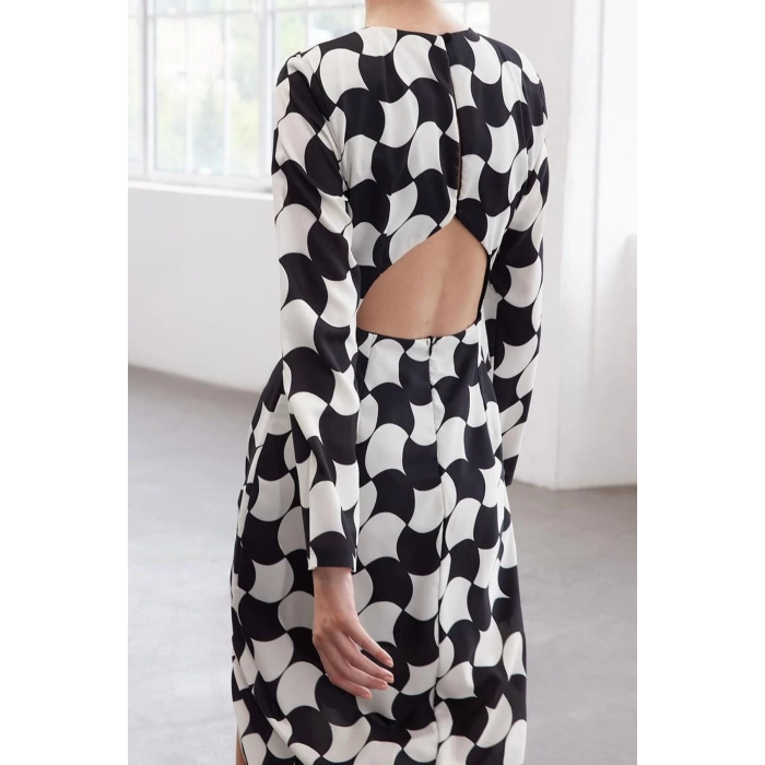 Womens Fashion Maxi Length Crew Neck Regular Limited Edition Geometric Patterned Straight Cut Woven Dress