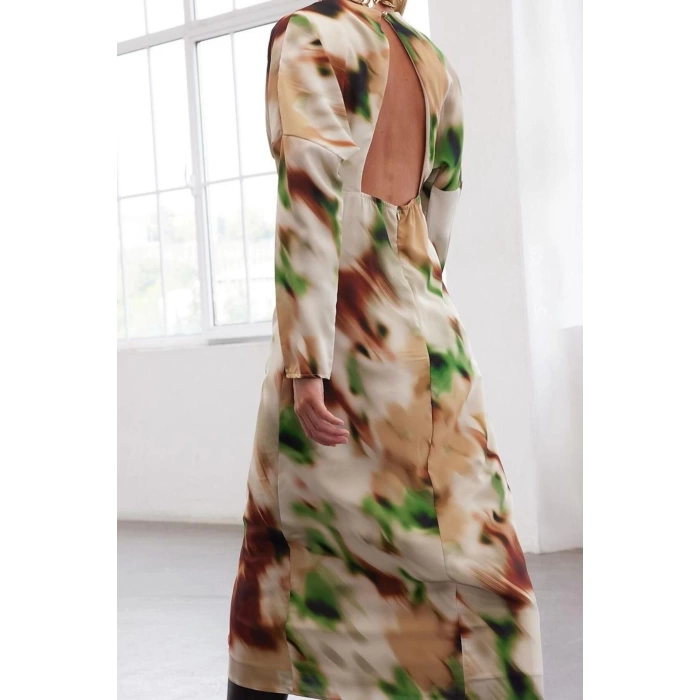Kadın Moda Şık Maxi Boy V Yaka Regular Limited Edition A Kesim Çiçekli Dokuma Elbise