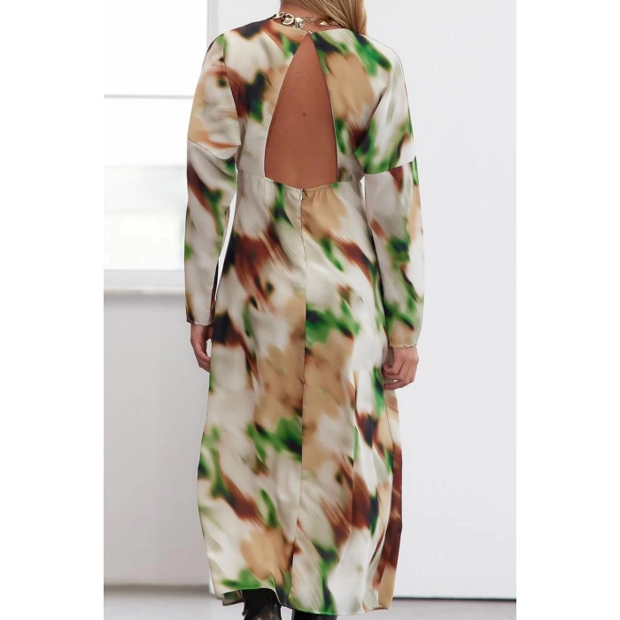 Kadın Moda Şık Maxi Boy V Yaka Regular Limited Edition A Kesim Çiçekli Dokuma Elbise