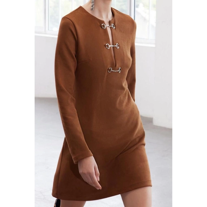 Womens Fashion Mini Length Crew Neck Regular Limited Edition Accessory Detailed Suede Winter Woven Dress