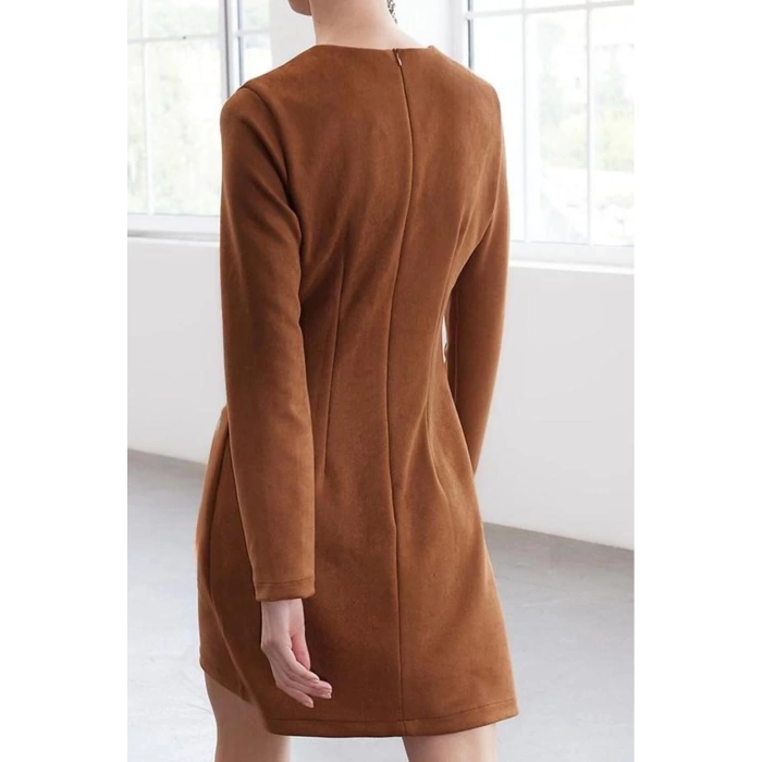 Womens Fashion Mini Length Crew Neck Regular Limited Edition Accessory Detailed Suede Winter Woven Dress