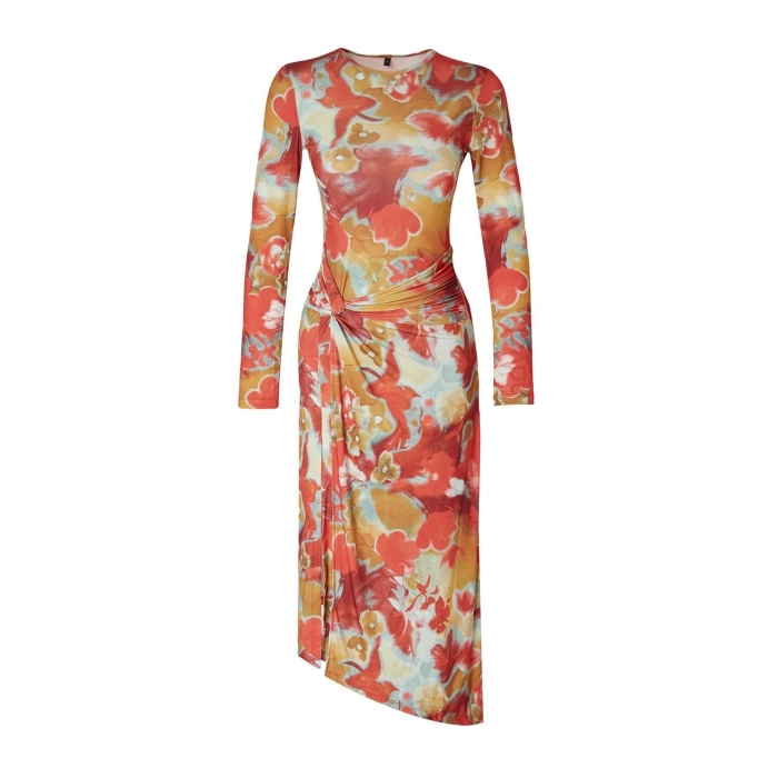 Womens Midi Length Fitted Limited Edition Printed Body-Smoothing Elastic Knit Dress with Tie Detail