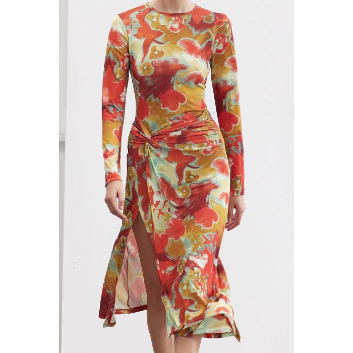 Womens Midi Length Fitted Limited Edition Printed Body-Smoothing Elastic Knit Dress with Tie Detail