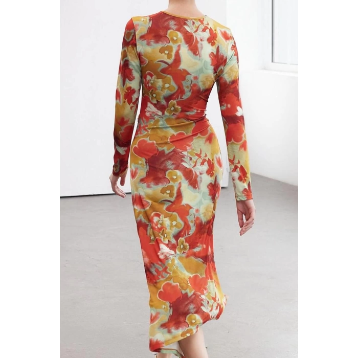 Womens Midi Length Fitted Limited Edition Printed Body-Smoothing Elastic Knit Dress with Tie Detail