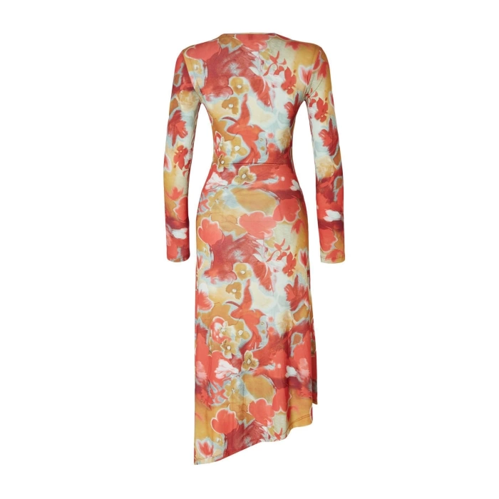 Womens Midi Length Fitted Limited Edition Printed Body-Smoothing Elastic Knit Dress with Tie Detail
