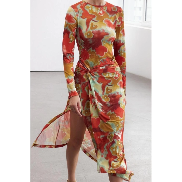 Womens Midi Length Fitted Limited Edition Printed Body-Smoothing Elastic Knit Dress with Tie Detail