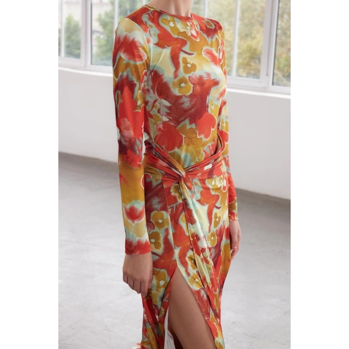 Womens Midi Length Fitted Limited Edition Printed Body-Smoothing Elastic Knit Dress with Tie Detail
