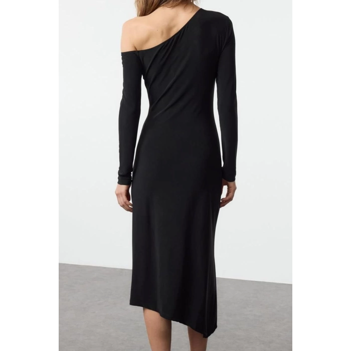 Womens Maxi Length Asymmetrical Collar Slim Limited Edition Off-the-Shoulder Draped Flexible Knit Dress