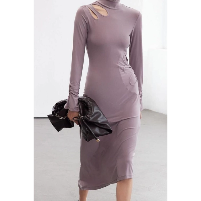 Womens Fashion Stylish Midi Length Stand Collar Slim Limited Edition Body-Sit Cut Out Detailed Knitted Dress
