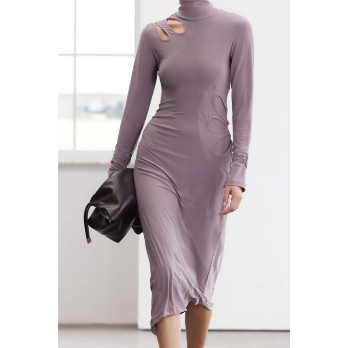 Womens Fashion Stylish Midi Length Stand Collar Slim Limited Edition Body-Sit Cut Out Detailed Knitted Dress