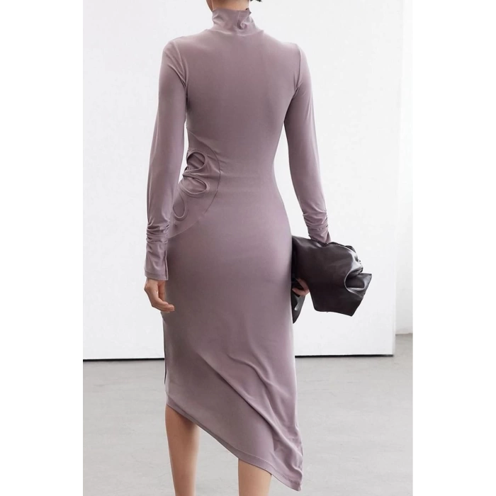 Womens Fashion Stylish Midi Length Stand Collar Slim Limited Edition Body-Sit Cut Out Detailed Knitted Dress