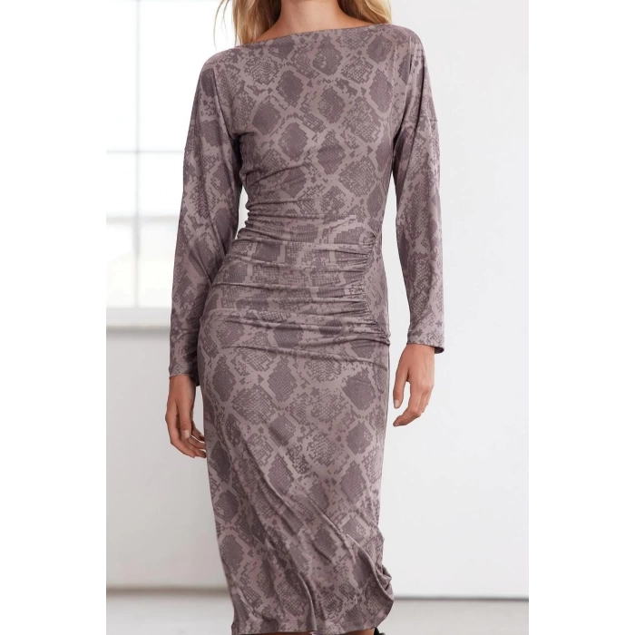 Womens Fashion Midi Length Boat Neck Slim Limited Edition Printed Draped Fitted Stretchy Knit Dress