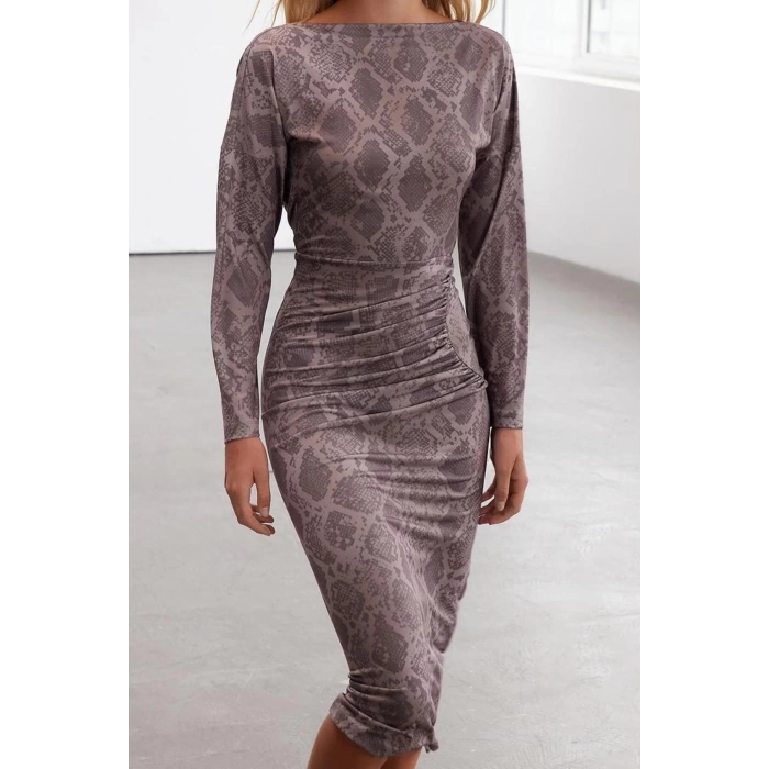 Womens Fashion Midi Length Boat Neck Slim Limited Edition Printed Draped Fitted Stretchy Knit Dress