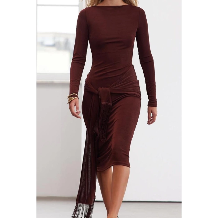 Womens Fashion Stylish Midi Length Crew Neck Regular Limited Edition Tassel Detailed Buzzy Flexible Knit Dress