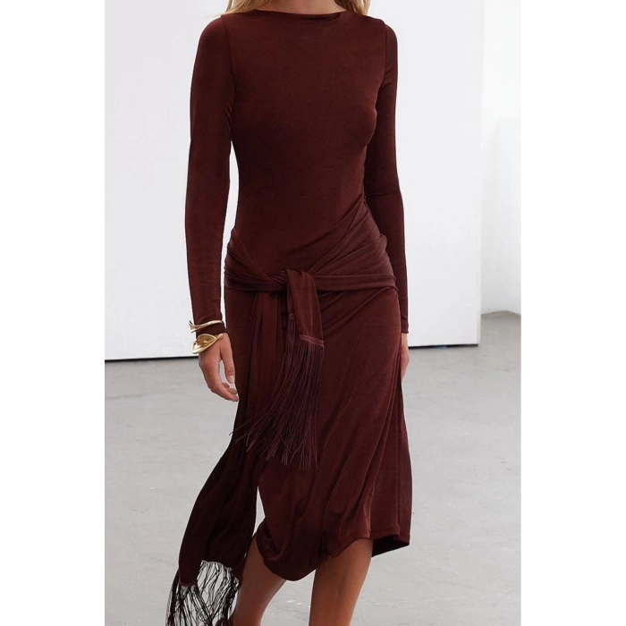 Womens Fashion Stylish Midi Length Crew Neck Regular Limited Edition Tassel Detailed Buzzy Flexible Knit Dress