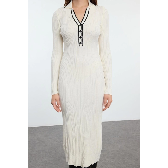 Women Fashion Stylish Midi Length Polo Neck Slim Stone Color Block Knitwear Premium Yarn Special Yarn Dress