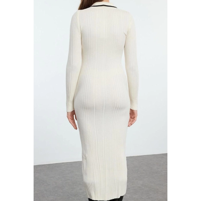 Women Fashion Stylish Midi Length Polo Neck Slim Stone Color Block Knitwear Premium Yarn Special Yarn Dress