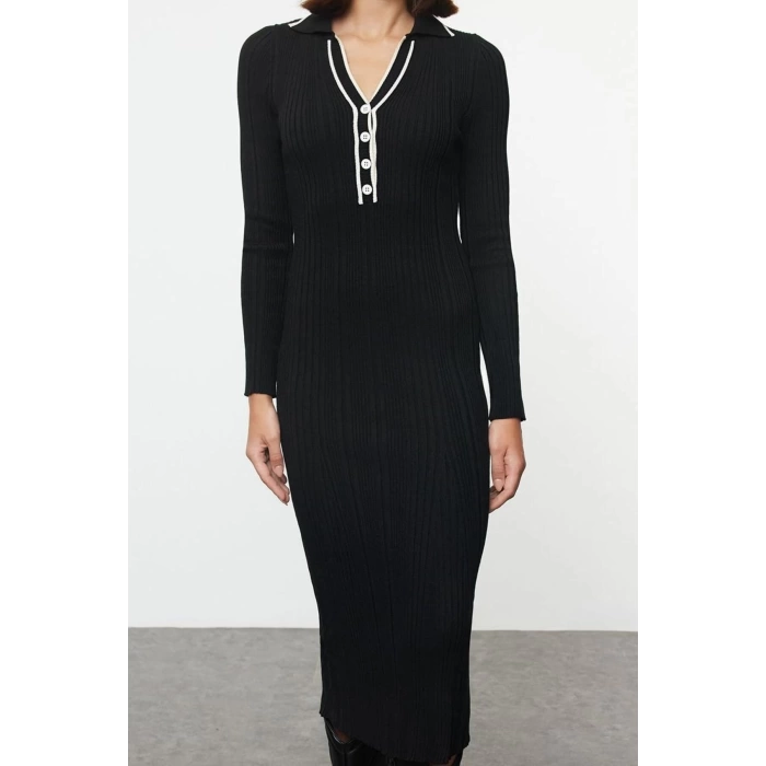 Women Fashion Stylish Midi Length Polo Neck Slim Stone Color Block Knitwear Premium Yarn Special Yarn Dress