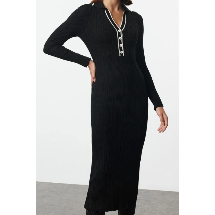 Women Fashion Stylish Midi Length Polo Neck Slim Stone Color Block Knitwear Premium Yarn Special Yarn Dress