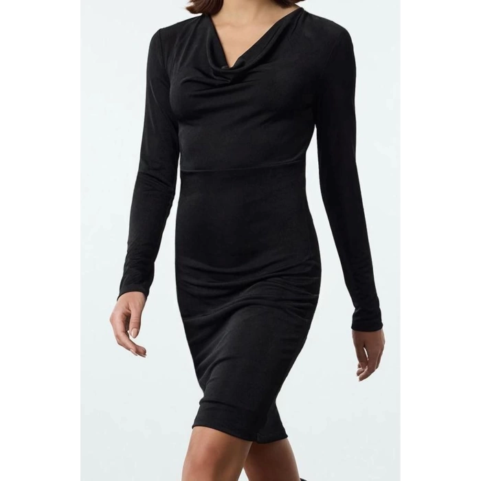 Women Fashion Stylish Mini Length Cowl Neck Fitted Bodycone Plain Knitted Dress