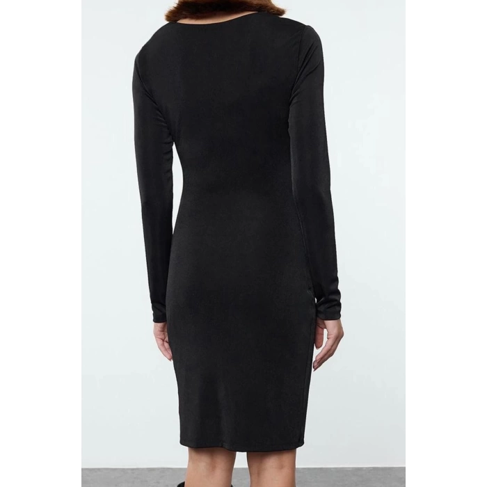 Women Fashion Stylish Mini Length Cowl Neck Fitted Bodycone Plain Knitted Dress