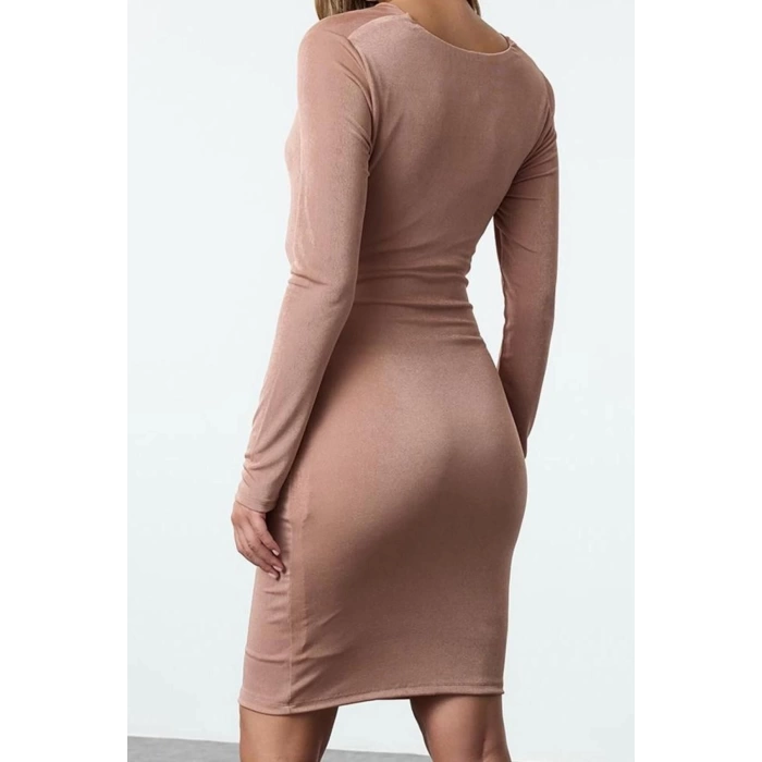 Women Fashion Stylish Mini Length Cowl Neck Fitted Bodycone Plain Knitted Dress