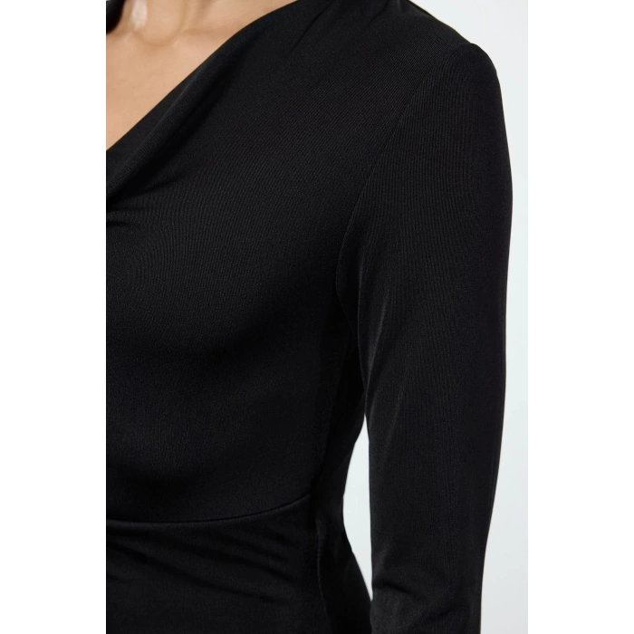 Women Fashion Stylish Mini Length Cowl Neck Fitted Bodycone Plain Knitted Dress