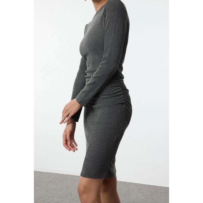 Women Fashion Stylish Mini Length Boat Neck Fitted Plain Gather Drape Detail Bodycone Knitted Dress