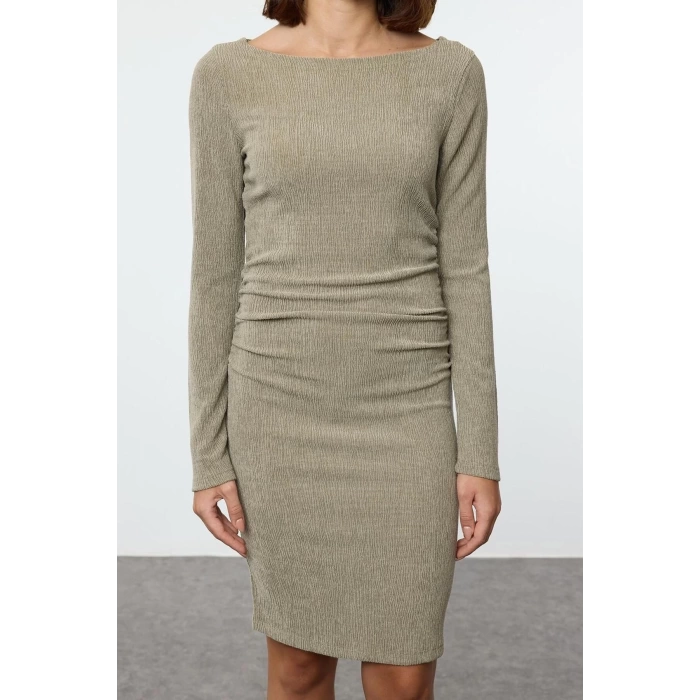 Women Fashion Stylish Mini Length Boat Neck Fitted Plain Gather Drape Detail Bodycone Knitted Dress