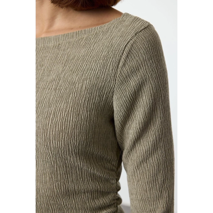 Women Fashion Stylish Mini Length Boat Neck Fitted Plain Gather Drape Detail Bodycone Knitted Dress