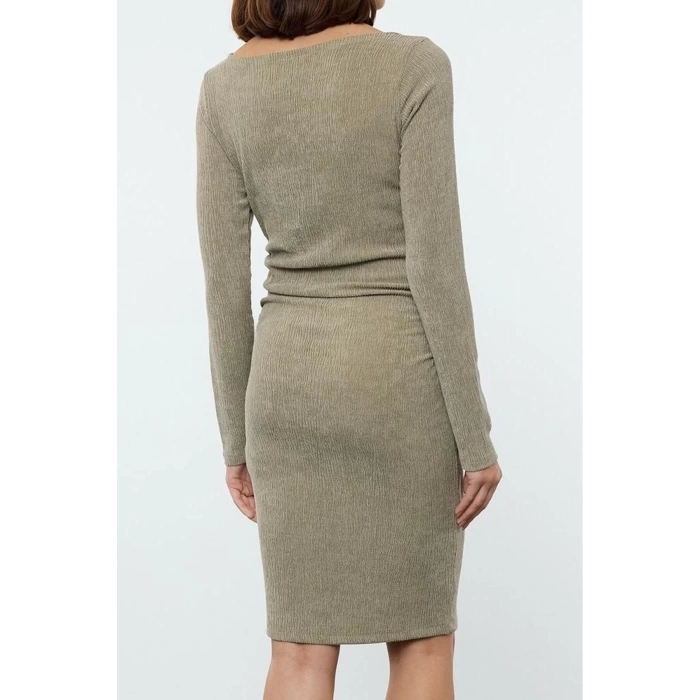 Women Fashion Stylish Mini Length Boat Neck Fitted Plain Gather Drape Detail Bodycone Knitted Dress