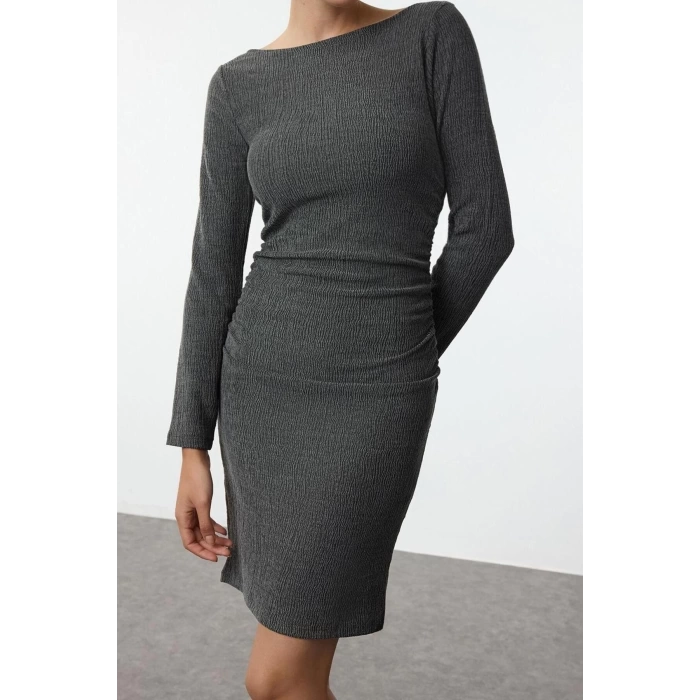 Women Fashion Stylish Mini Length Boat Neck Fitted Plain Gather Drape Detail Bodycone Knitted Dress