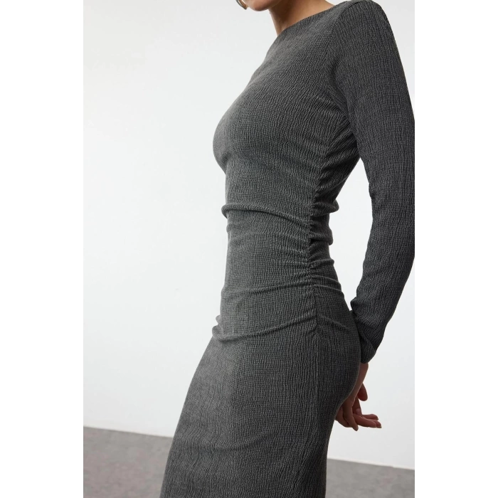 Women Fashion Stylish Mini Length Boat Neck Fitted Plain Gather Drape Detail Bodycone Knitted Dress