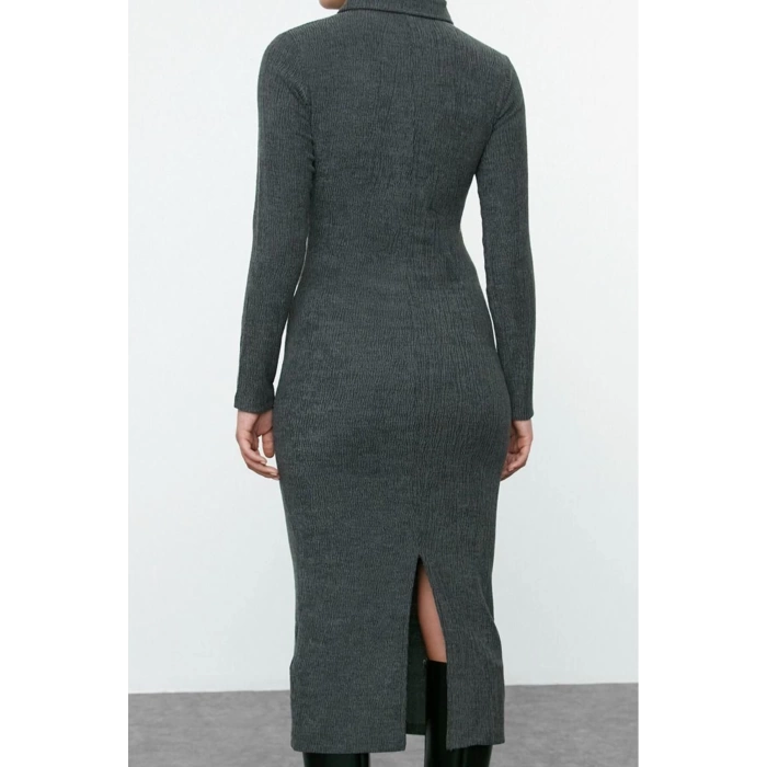 Women Fashion Stylish Maxi Length Polo Neck Fitted Plain Bodycone Textured Button Detail Knitted Dress