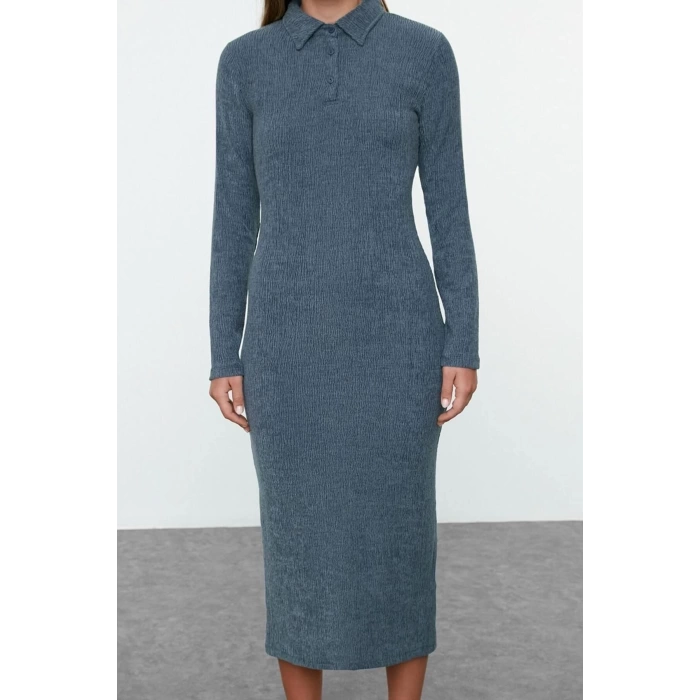 Women Fashion Stylish Maxi Length Polo Neck Fitted Plain Bodycone Textured Button Detail Knitted Dress