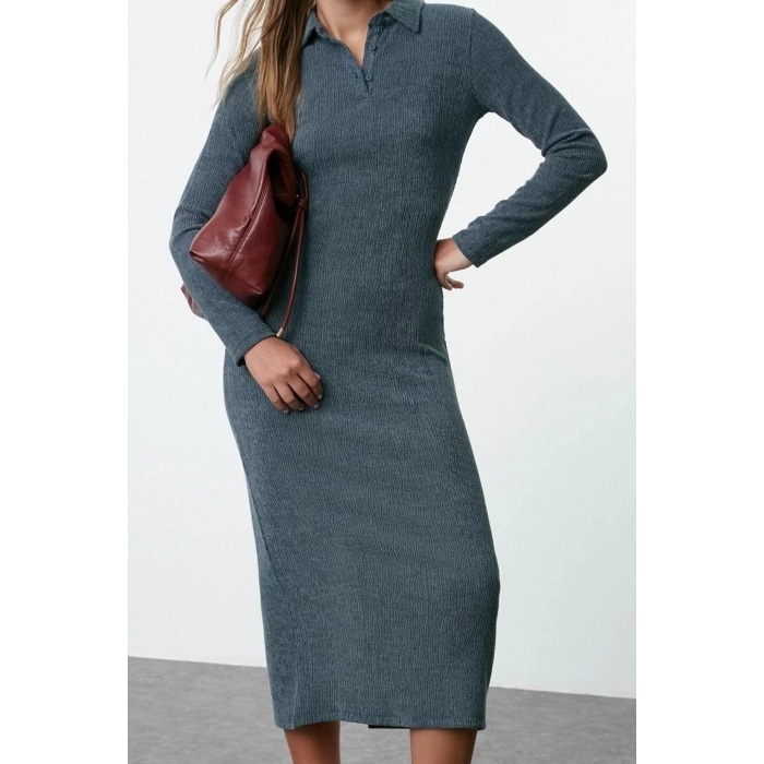 Women Fashion Stylish Maxi Length Polo Neck Fitted Plain Bodycone Textured Button Detail Knitted Dress
