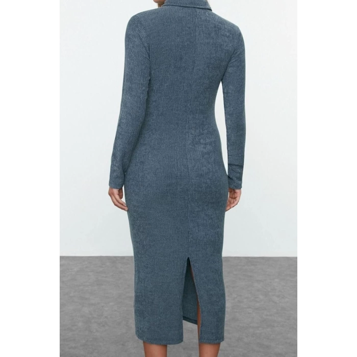 Women Fashion Stylish Maxi Length Polo Neck Fitted Plain Bodycone Textured Button Detail Knitted Dress