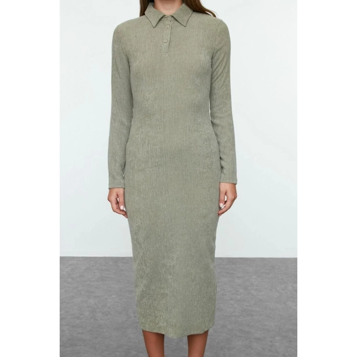 Women Fashion Stylish Maxi Length Polo Neck Fitted Plain Bodycone Textured Button Detail Knitted Dress