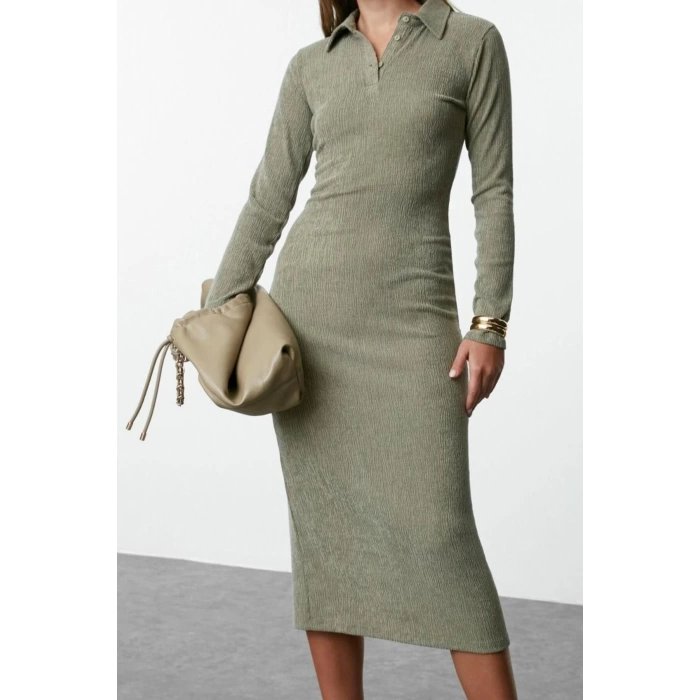 Women Fashion Stylish Maxi Length Polo Neck Fitted Plain Bodycone Textured Button Detail Knitted Dress