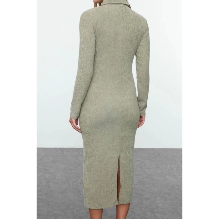 Women Fashion Stylish Maxi Length Polo Neck Fitted Plain Bodycone Textured Button Detail Knitted Dress
