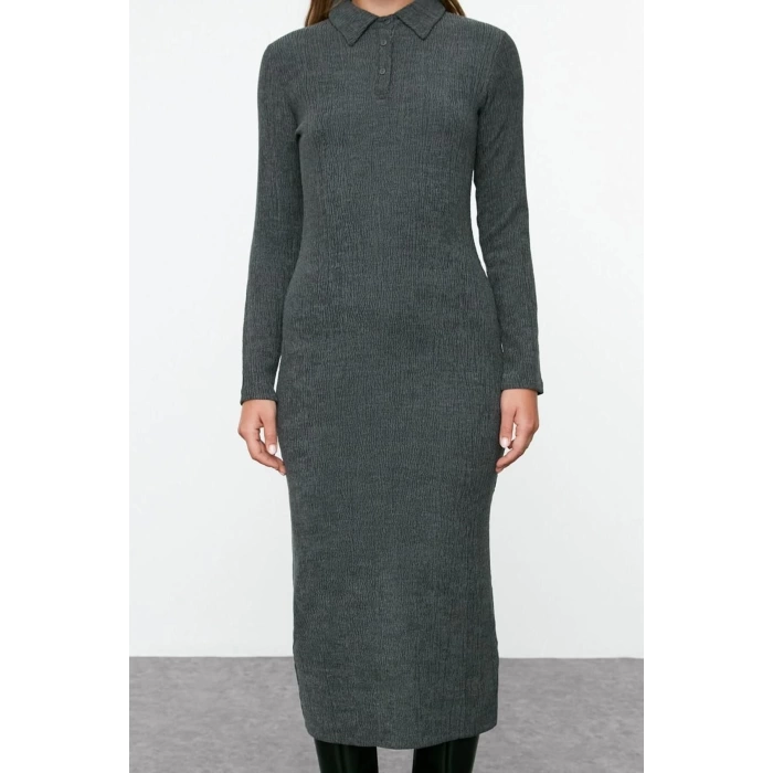 Women Fashion Stylish Maxi Length Polo Neck Fitted Plain Bodycone Textured Button Detail Knitted Dress