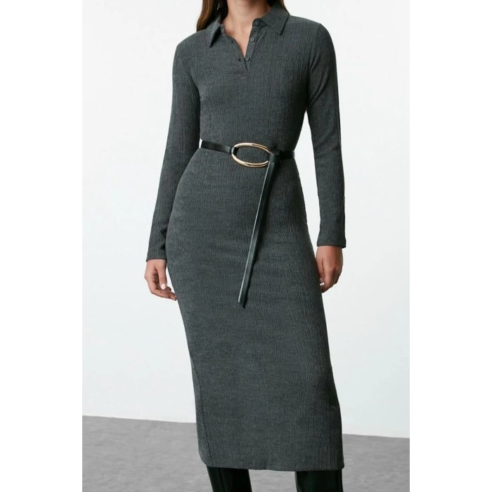 Women Fashion Stylish Maxi Length Polo Neck Fitted Plain Bodycone Textured Button Detail Knitted Dress