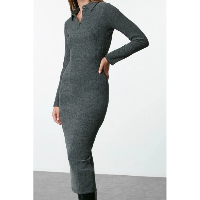 Women Fashion Stylish Maxi Length Polo Neck Fitted Plain Bodycone Textured Button Detail Knitted Dress